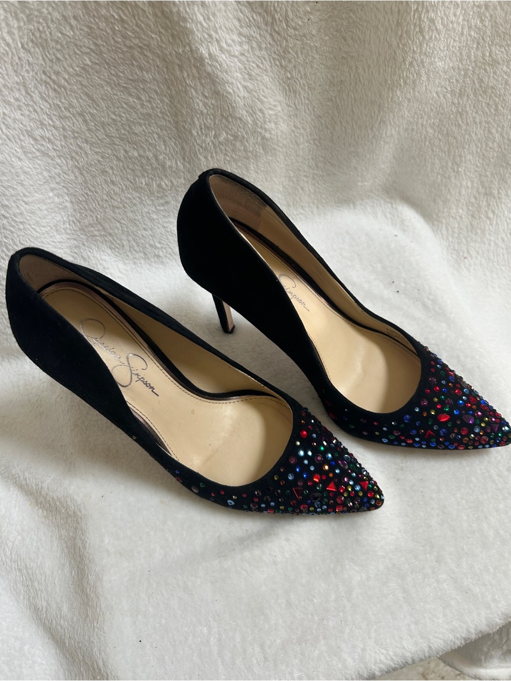 Jessica Simpson Black Pointed Toe Heels with Multicolor Crystal Accents